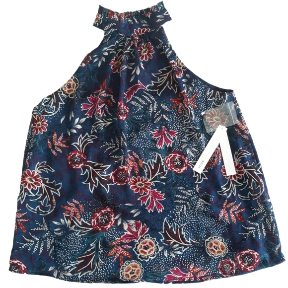 NWT Aqua Bloomingdale's Small Blue Floral Sleeveless Ruffle Collar Top - Picture 1 of 14
